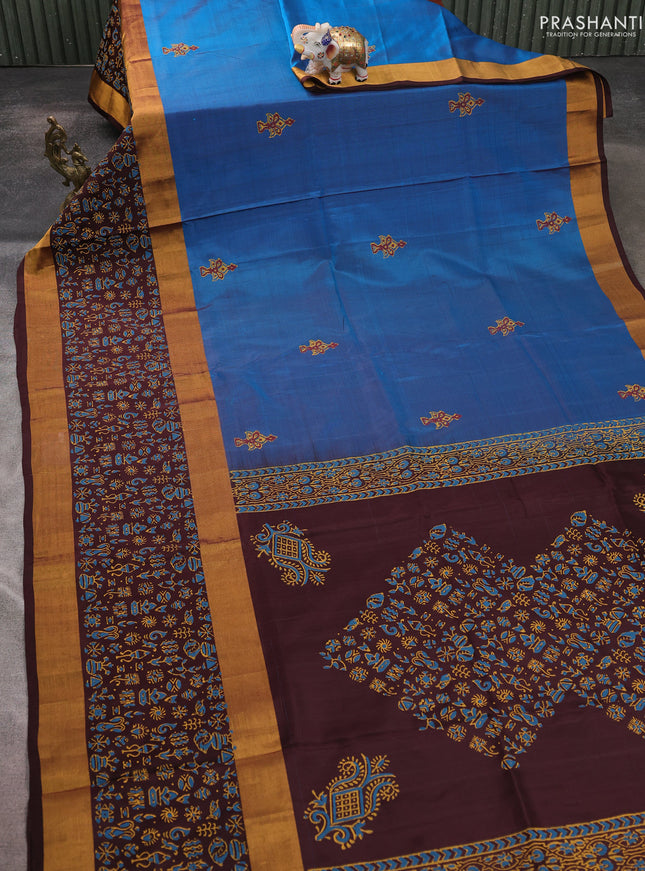 Uppada block printed saree peacock blue and coffee brown with butta prints and long printed zari woven border