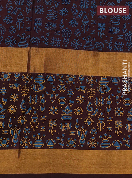 Uppada block printed saree peacock blue and coffee brown with butta prints and long printed zari woven border