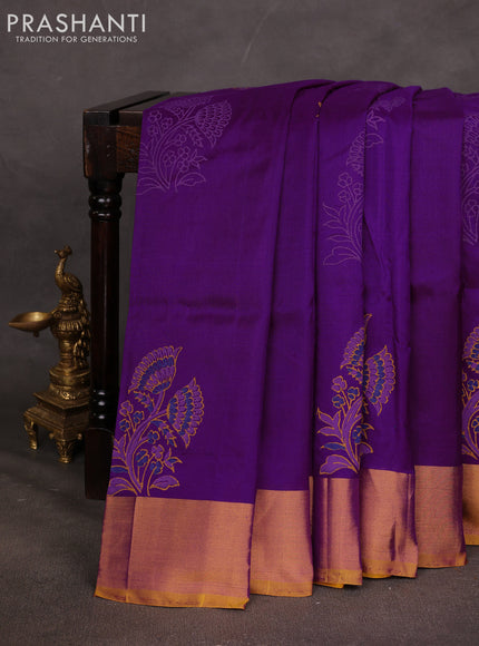 Uppada block printed saree purple and mustard yellow with floral prints and zari woven border