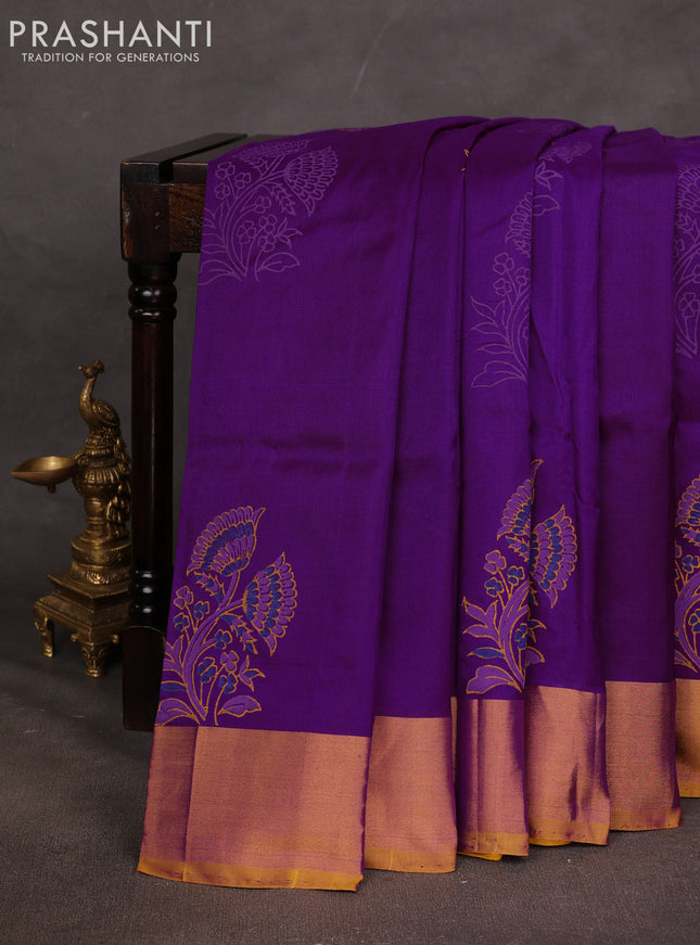Uppada block printed saree purple and mustard yellow with floral prints and zari woven border