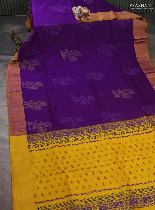 Uppada block printed saree purple and mustard yellow with floral prints and zari woven border