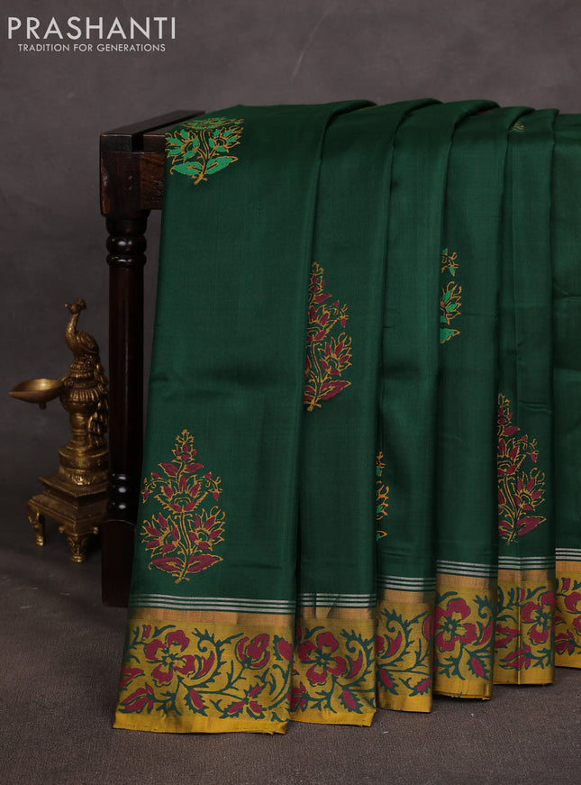 Uppada block printed saree bottle green and mustard yellow with butta prints and printed border