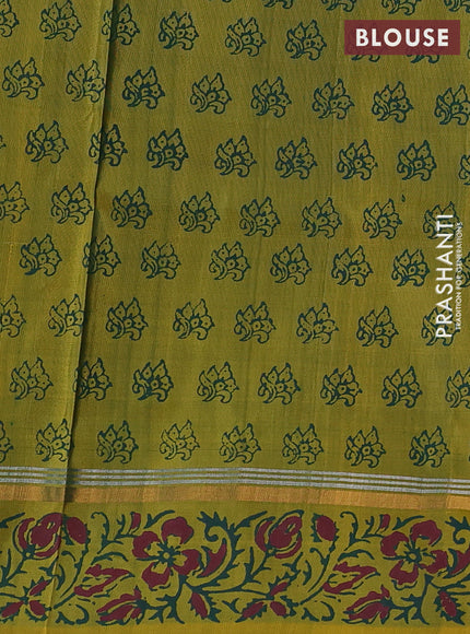 Uppada block printed saree bottle green and mustard yellow with butta prints and printed border