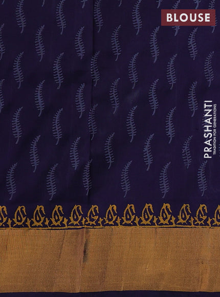 Uppada block printed saree greyish blue and navy blue with butta prints and zari woven border