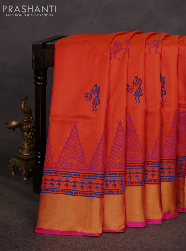 Uppada block printed saree orange and pink with warli butta prints and zari woven border