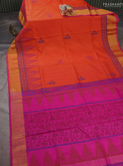 Uppada block printed saree orange and pink with warli butta prints and zari woven border