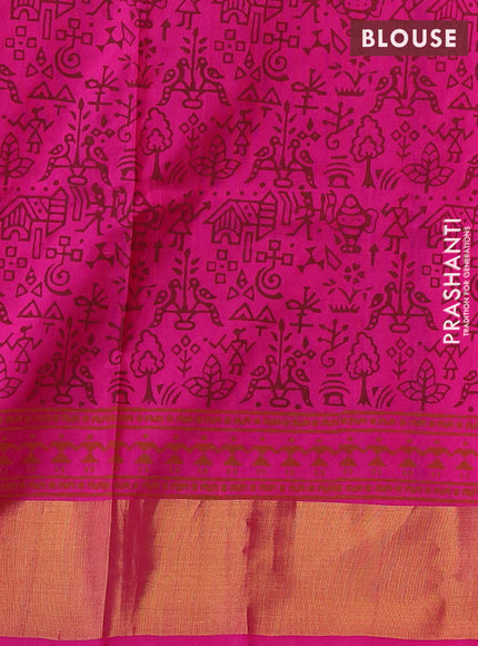 Uppada block printed saree orange and pink with warli butta prints and zari woven border