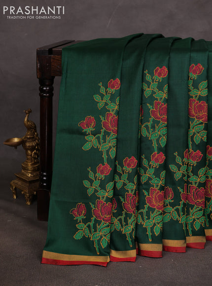 Uppada block printed saree bottle green and red with floral prints and small zari woven border