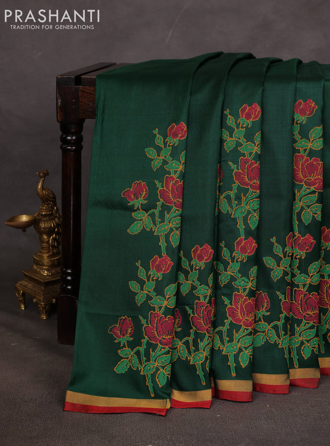 Uppada block printed saree bottle green and red with floral prints and small zari woven border