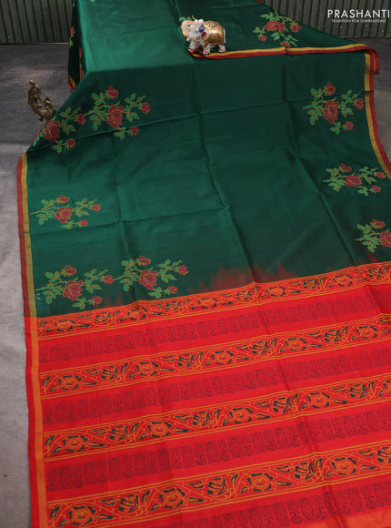 Uppada block printed saree bottle green and red with floral prints and small zari woven border