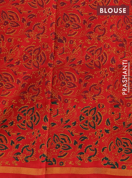 Uppada block printed saree bottle green and red with floral prints and small zari woven border