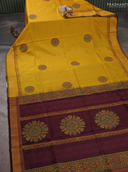 Uppada block printed saree mustard yellow and coffee brown with butta prints and zari woven border