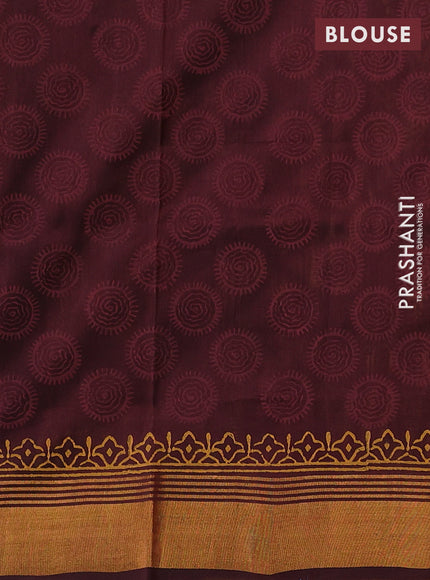 Uppada block printed saree mustard yellow and coffee brown with butta prints and zari woven border