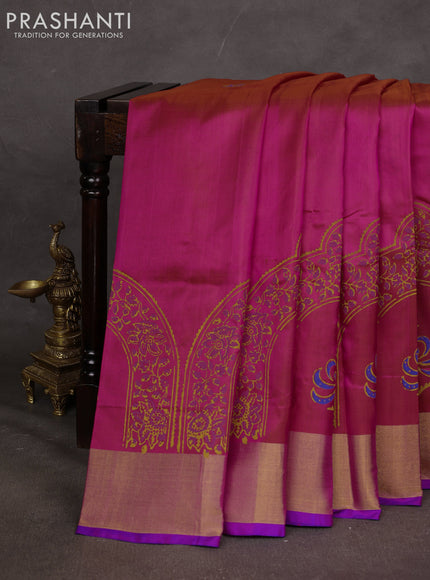 Uppada block printed saree dual shade of pink and royal blue with butta prints and zari woven border