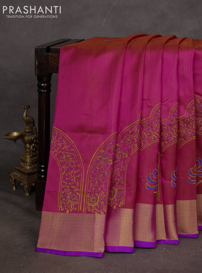 Uppada block printed saree dual shade of pink and royal blue with butta prints and zari woven border