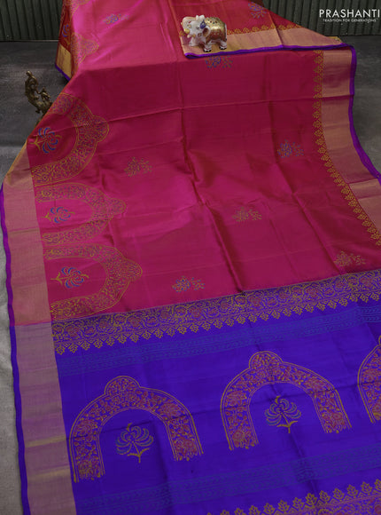 Uppada block printed saree dual shade of pink and royal blue with butta prints and zari woven border