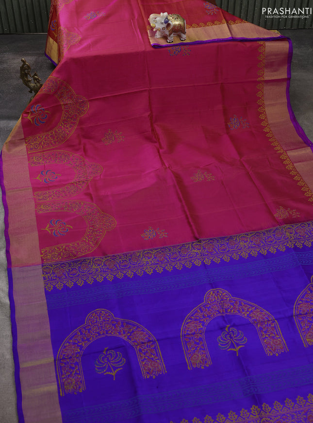 Uppada block printed saree dual shade of pink and royal blue with butta prints and zari woven border