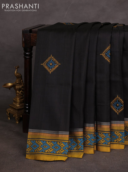 Uppada block printed saree black and mustard yellow with butta prints and printed border