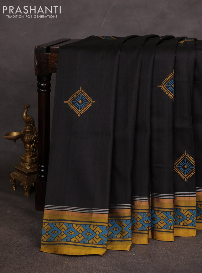 Uppada block printed saree black and mustard yellow with butta prints and printed border
