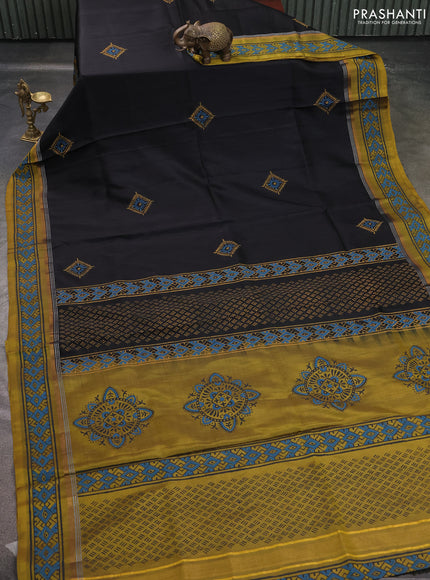 Uppada block printed saree black and mustard yellow with butta prints and printed border