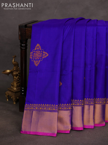 Uppada block printed saree royal blue and pink with butta prints and zari woven border