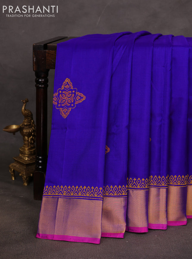 Uppada block printed saree royal blue and pink with butta prints and zari woven border