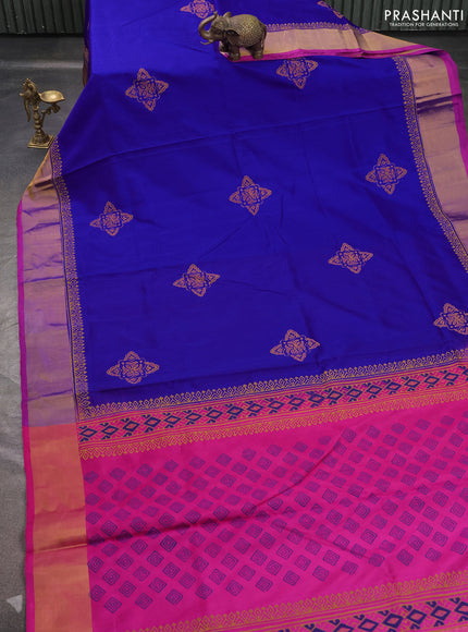 Uppada block printed saree royal blue and pink with butta prints and zari woven border