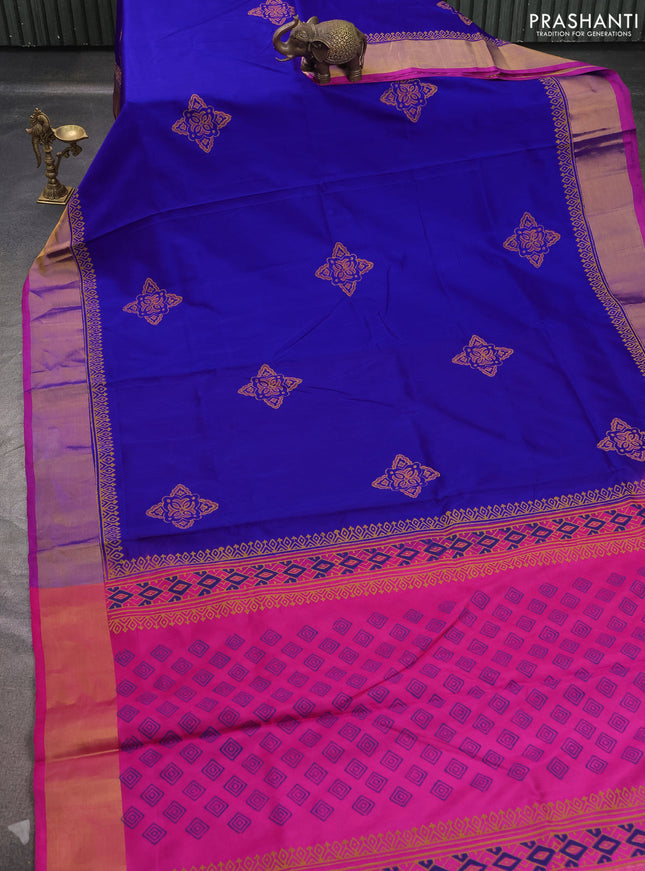 Uppada block printed saree royal blue and pink with butta prints and zari woven border