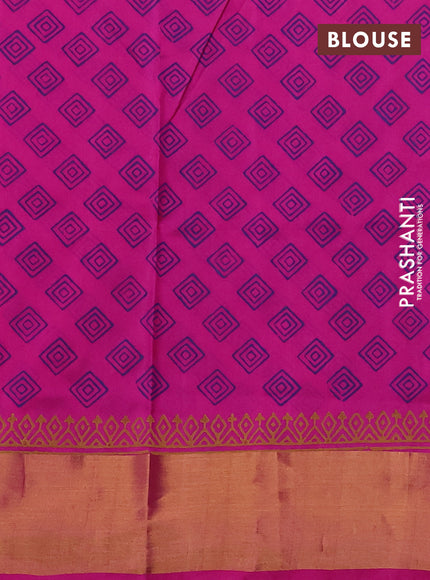 Uppada block printed saree royal blue and pink with butta prints and zari woven border