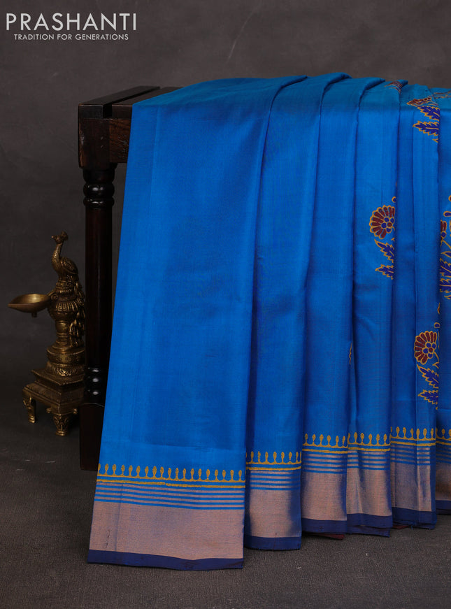 Uppada block printed saree cs blue and coffee brown with butta prints and zari woven border