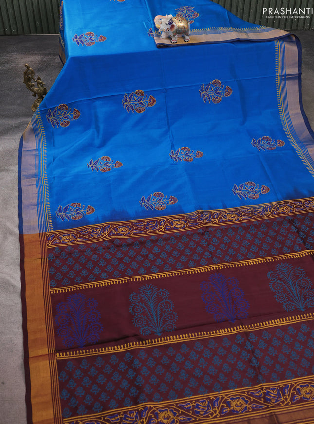 Uppada block printed saree cs blue and coffee brown with butta prints and zari woven border