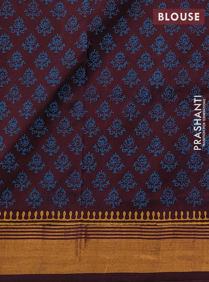 Uppada block printed saree cs blue and coffee brown with butta prints and zari woven border