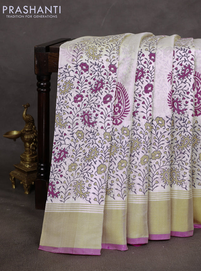 Uppada block printed saree off white and pink with butta prints and zari woven border