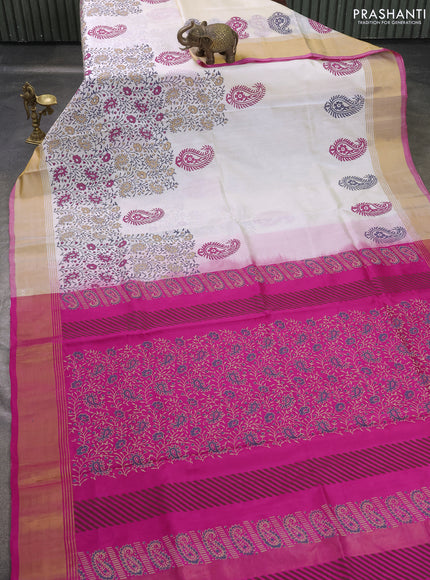 Uppada block printed saree off white and pink with butta prints and zari woven border