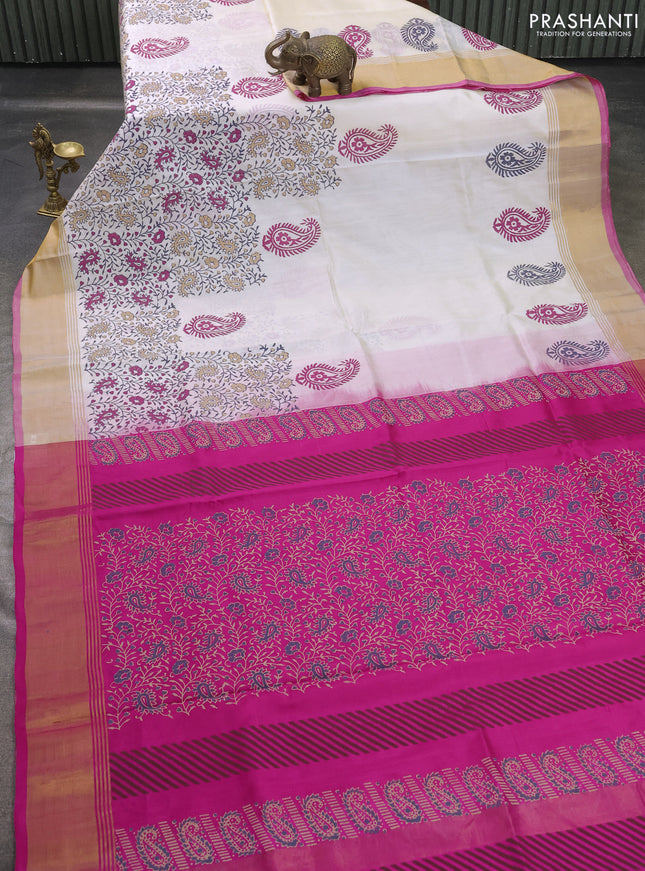 Uppada block printed saree off white and pink with butta prints and zari woven border