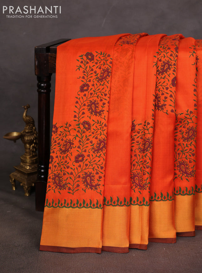 Uppada block printed saree orange and coffee brown with prints and zari woven border
