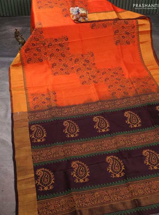 Uppada block printed saree orange and coffee brown with prints and zari woven border
