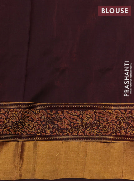Uppada block printed saree orange and coffee brown with prints and zari woven border