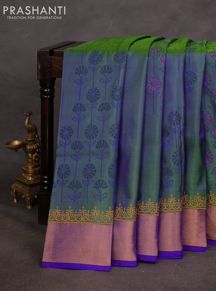 Uppada block printed saree dual shade of green and blue with floral prints and zari woven border