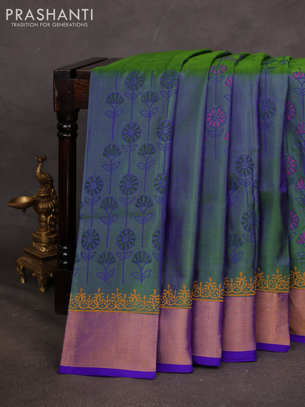 Uppada block printed saree dual shade of green and blue with floral prints and zari woven border