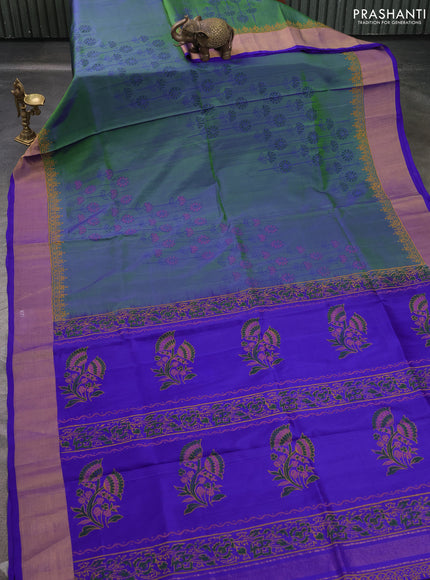 Uppada block printed saree dual shade of green and blue with floral prints and zari woven border