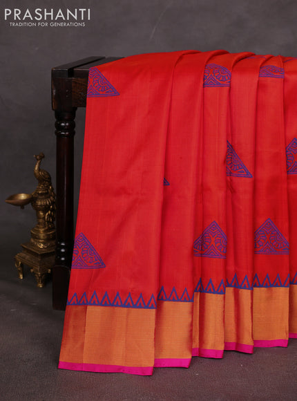 Uppada block printed saree orange and pink with butta prints and zari woven border
