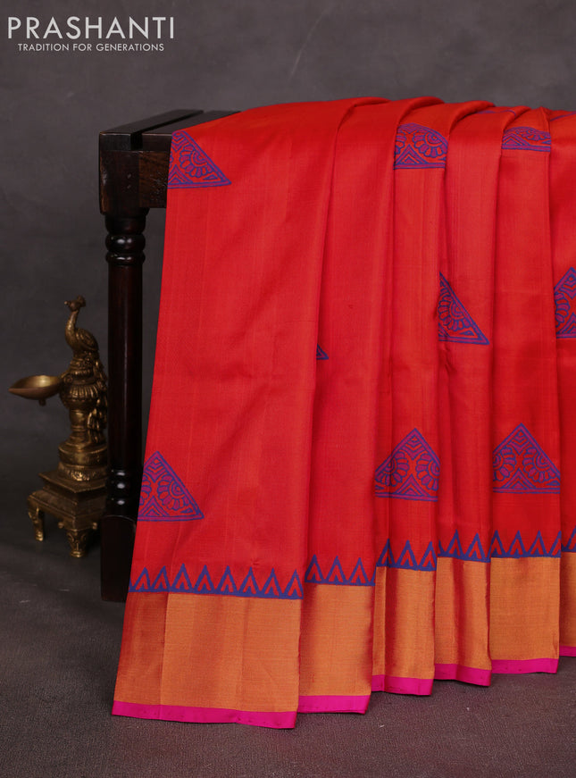 Uppada block printed saree orange and pink with butta prints and zari woven border
