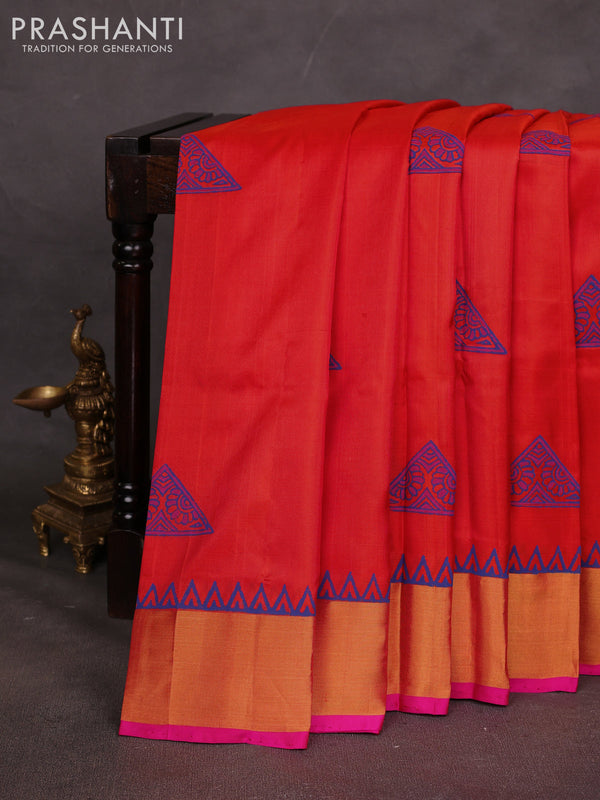 Uppada block printed saree orange and pink with butta prints and zari woven border