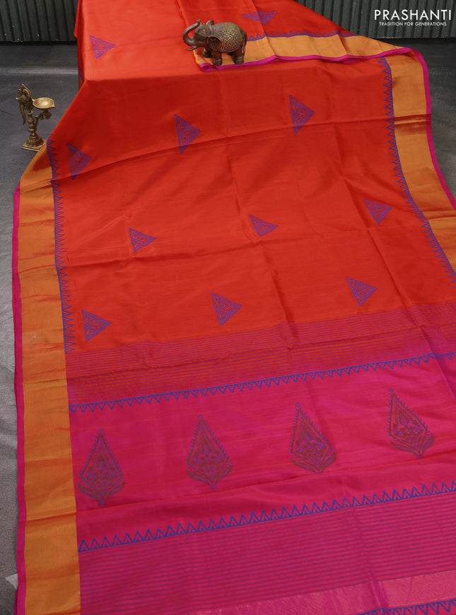 Uppada block printed saree orange and pink with butta prints and zari woven border