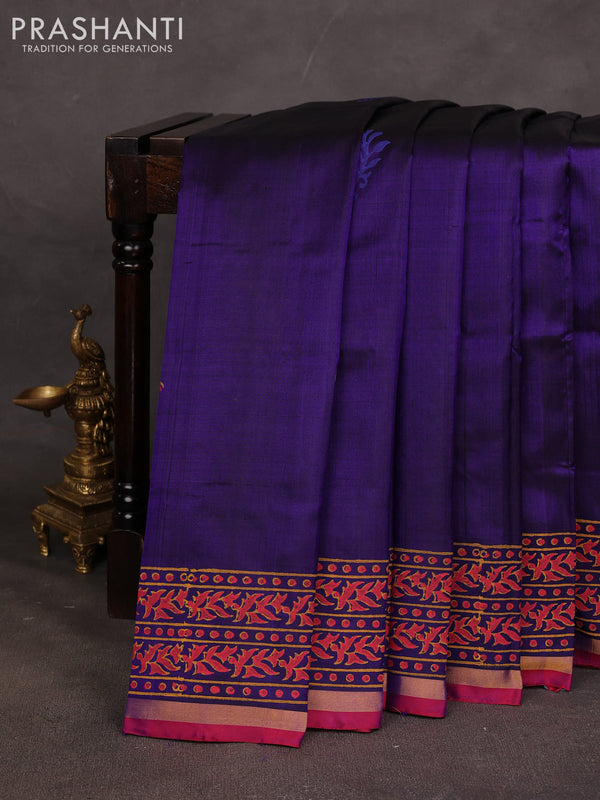 Uppada block printed saree dark blue and red with butta prints and printed zari border