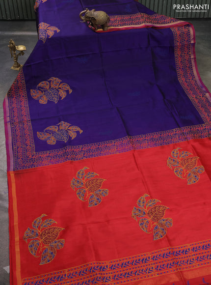 Uppada block printed saree dark blue and red with butta prints and printed zari border