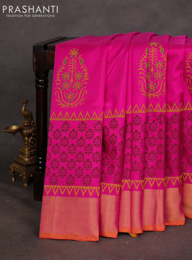 Uppada block printed saree pink and yellow with prints and zari woven border