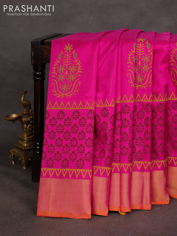 Uppada block printed saree pink and yellow with prints and zari woven border