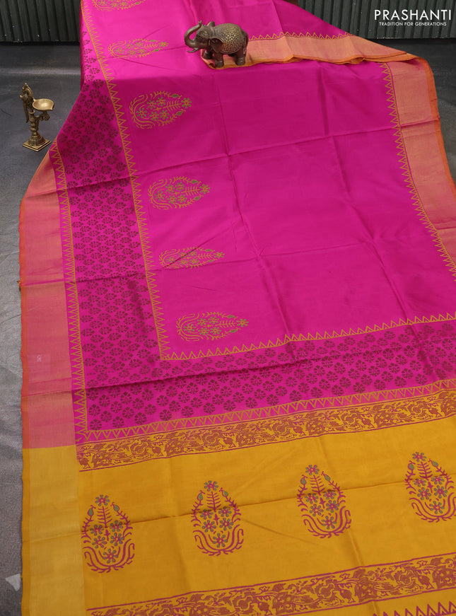 Uppada block printed saree pink and yellow with prints and zari woven border